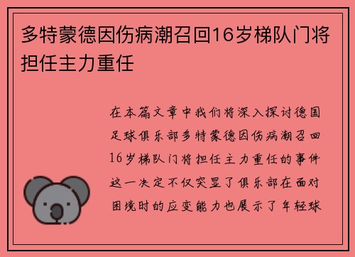 多特蒙德因伤病潮召回16岁梯队门将担任主力重任