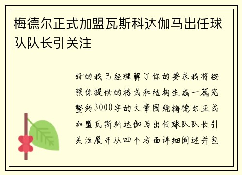 梅德尔正式加盟瓦斯科达伽马出任球队队长引关注